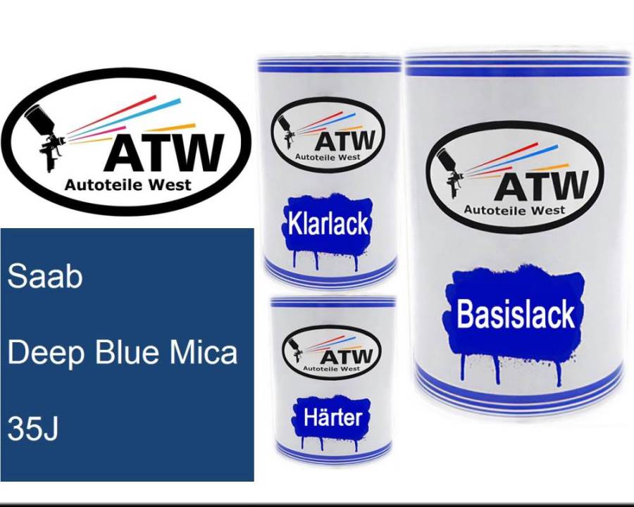 Saab, Deep Blue Mica, 35J: 500ml Lackdose + 500ml Klarlack + 250ml Härter - Set, von ATW Autoteile West.